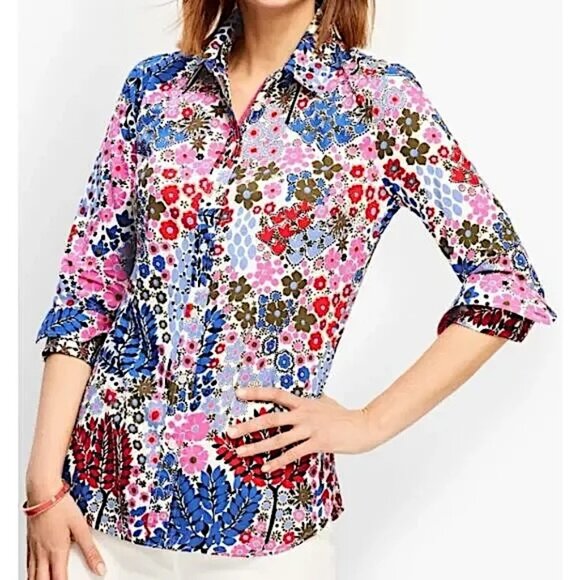 Talbots Classic Casual Button Down Shirt Floral Happy Forest Print Women's Small - Picture 1 of 12